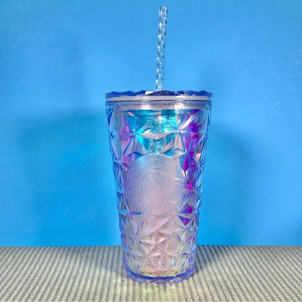 Starbucks iridescent diamond studded 16 oz cold cup tumbler with lid & straw
